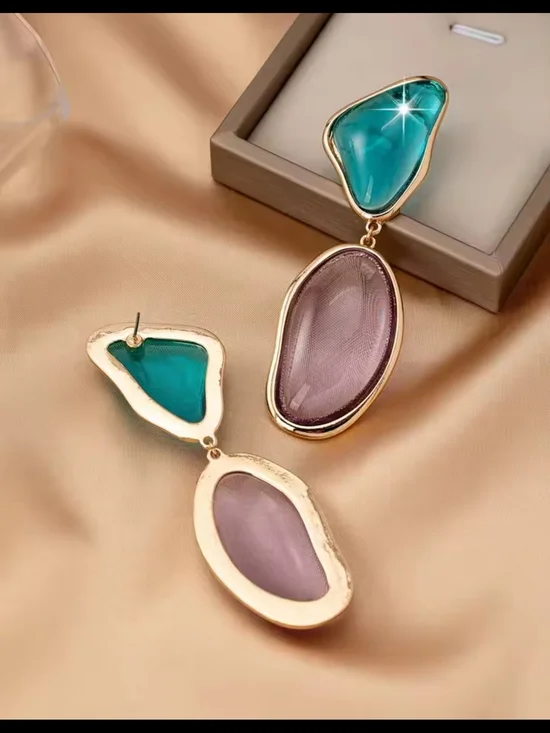 Gold-Tone Drop Earrings with Teal and Lavender Stones - Picture 5 of 5